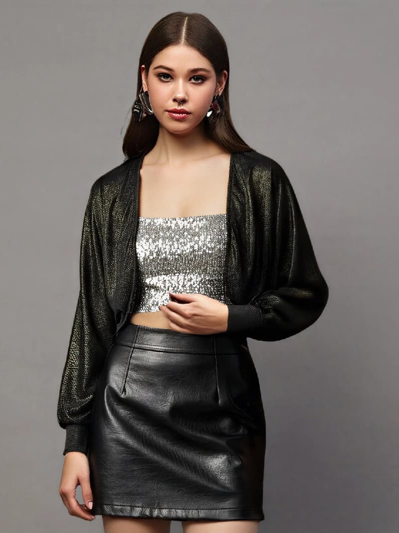Women's Black Party Self-Design Regular Fit Shrug