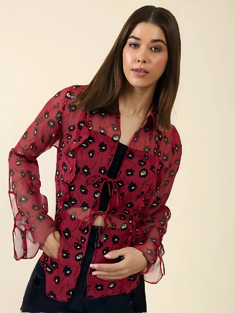 Women's Red Casual Printed Regular Fit Shrug