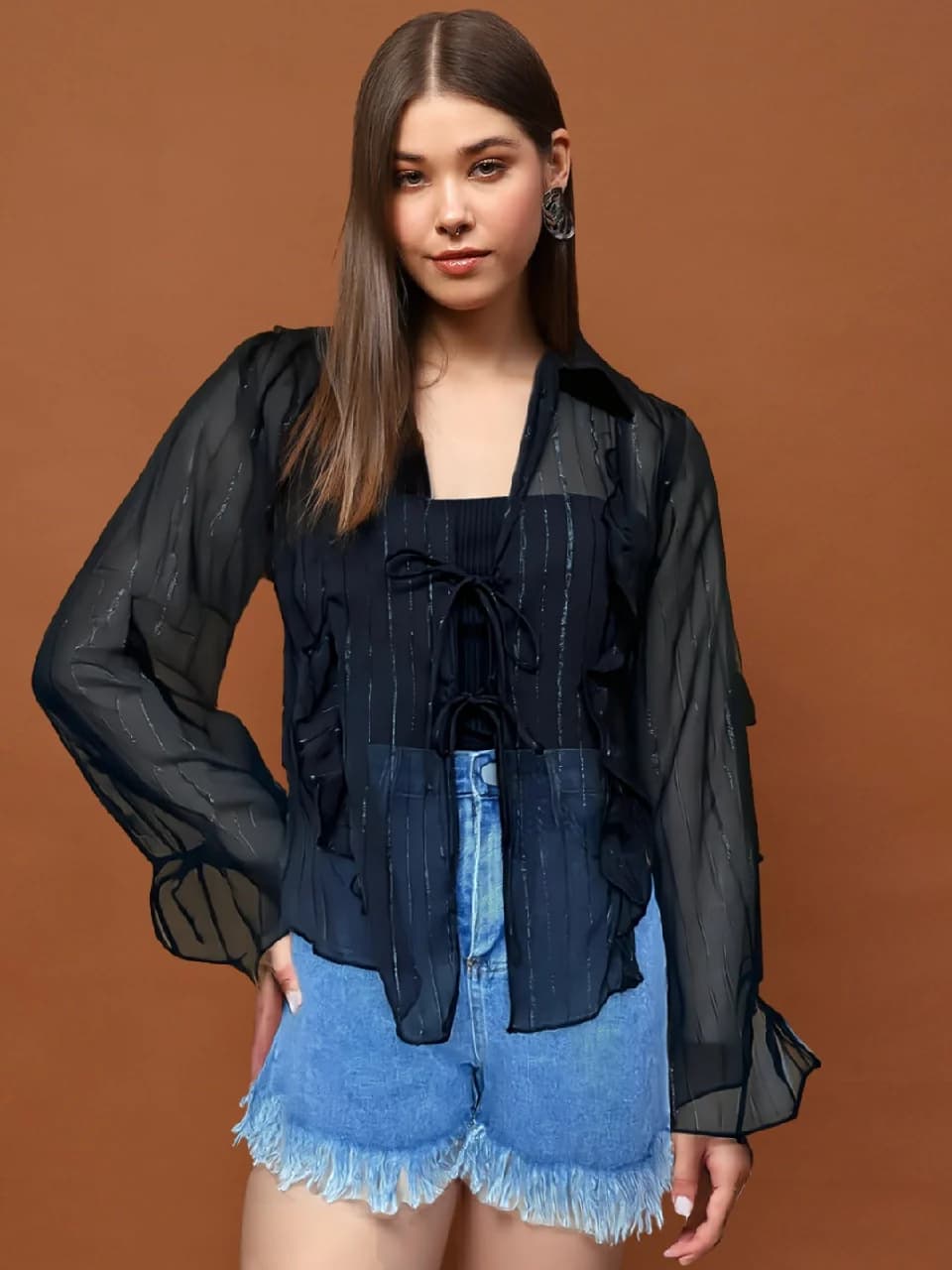 Women's Black Party Printed Regular Fit Shrug