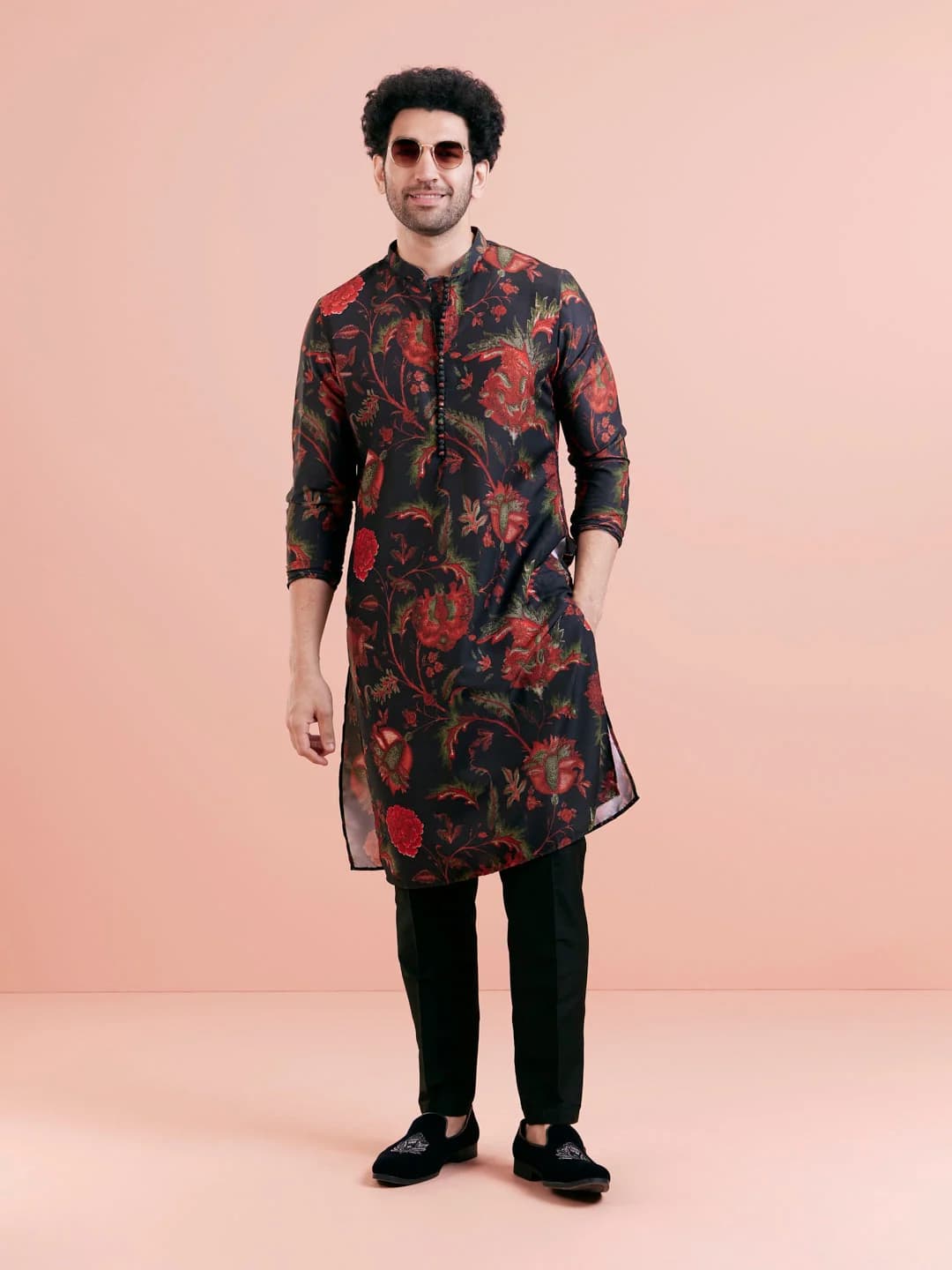 Men's Black Festive Printed Regular Fit Cotton Kurta