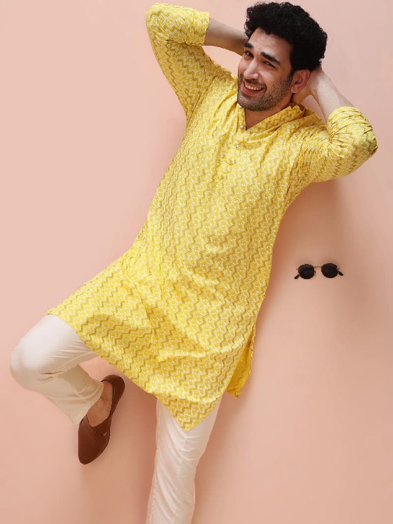 Men's Yellow Festive Printed Regular Fit Kurta