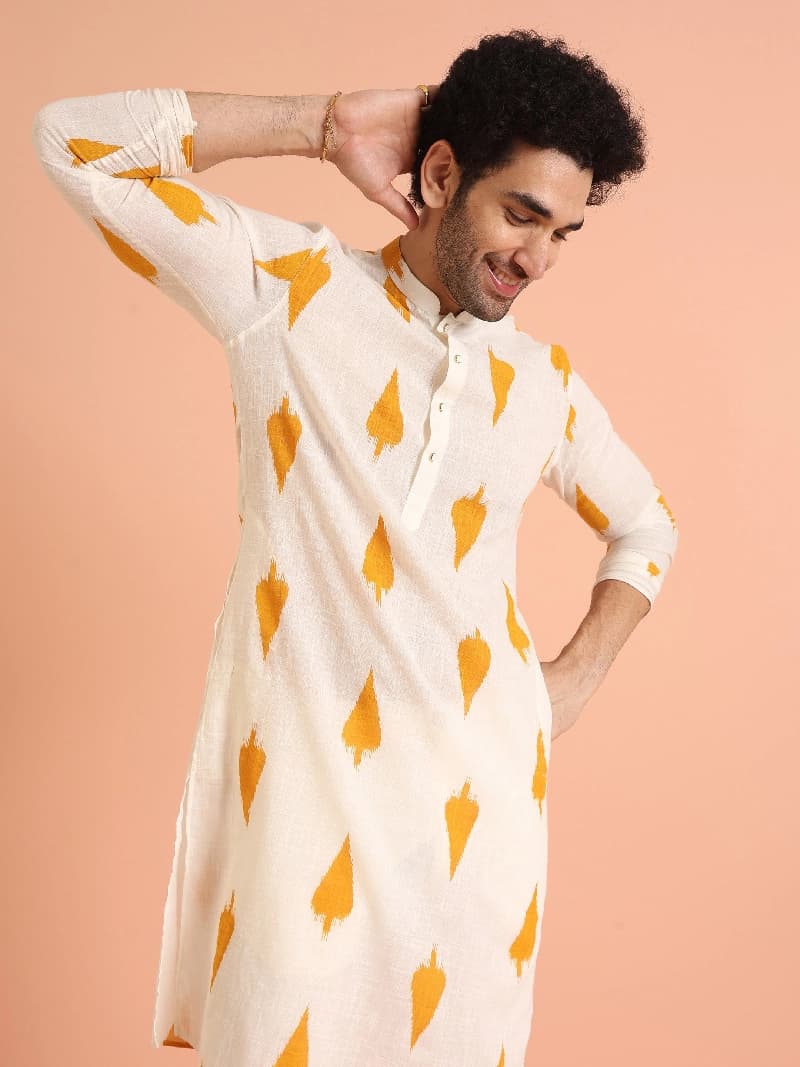 Men's White Festive Printed Regular Fit Kurta