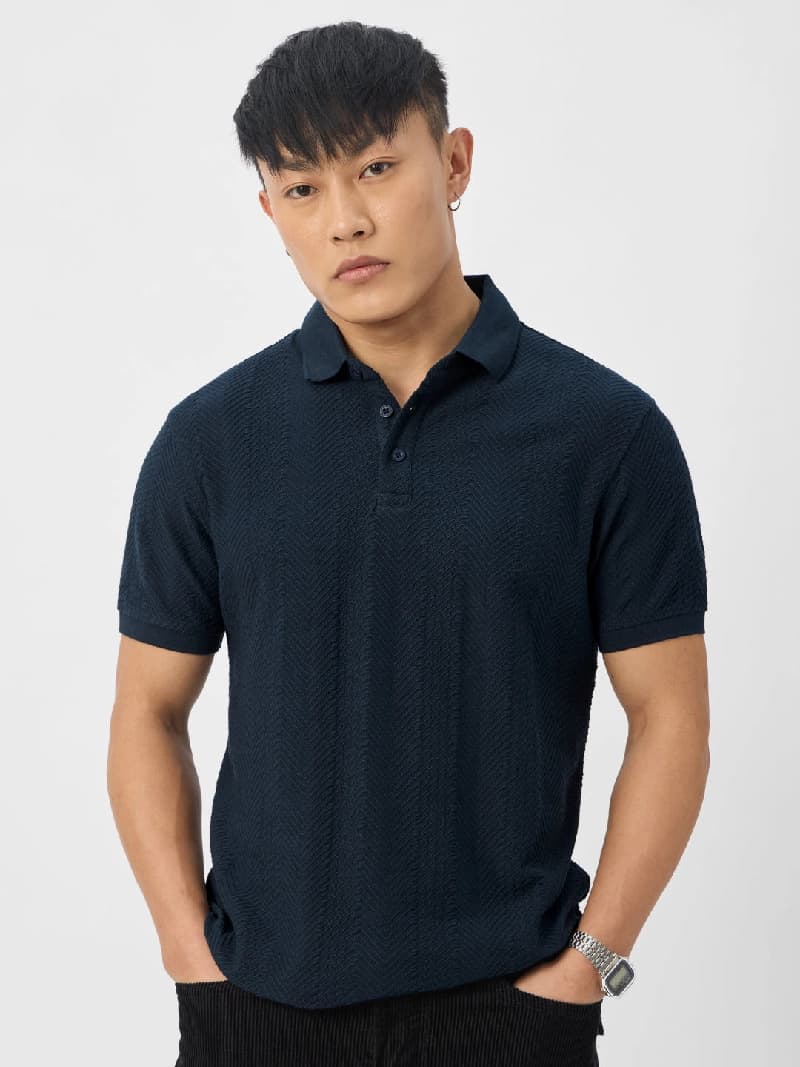 Men's Navy Casual Solid Regular Fit Polo Tshirt