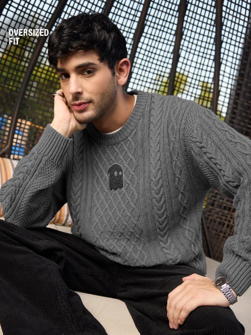 Men's Grey Casual Oversized Fit Sweater