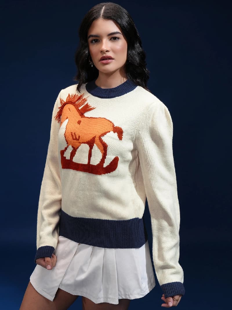 Women's Multicolor Casual Self-Design Regular Fit Sweater