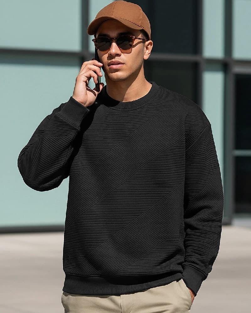 Men's Black Casual Textured Oversized Fit Sweatshirt