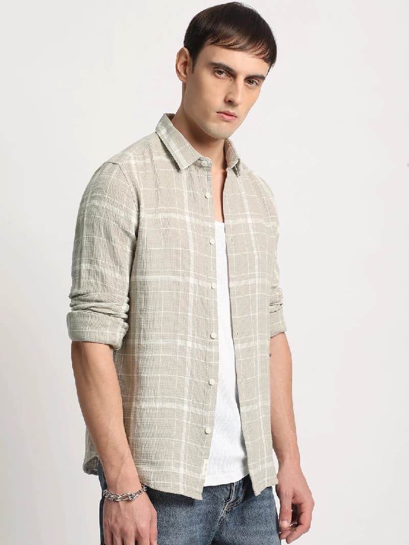 Men's Grey Casual Checked Slim Fit Shirt