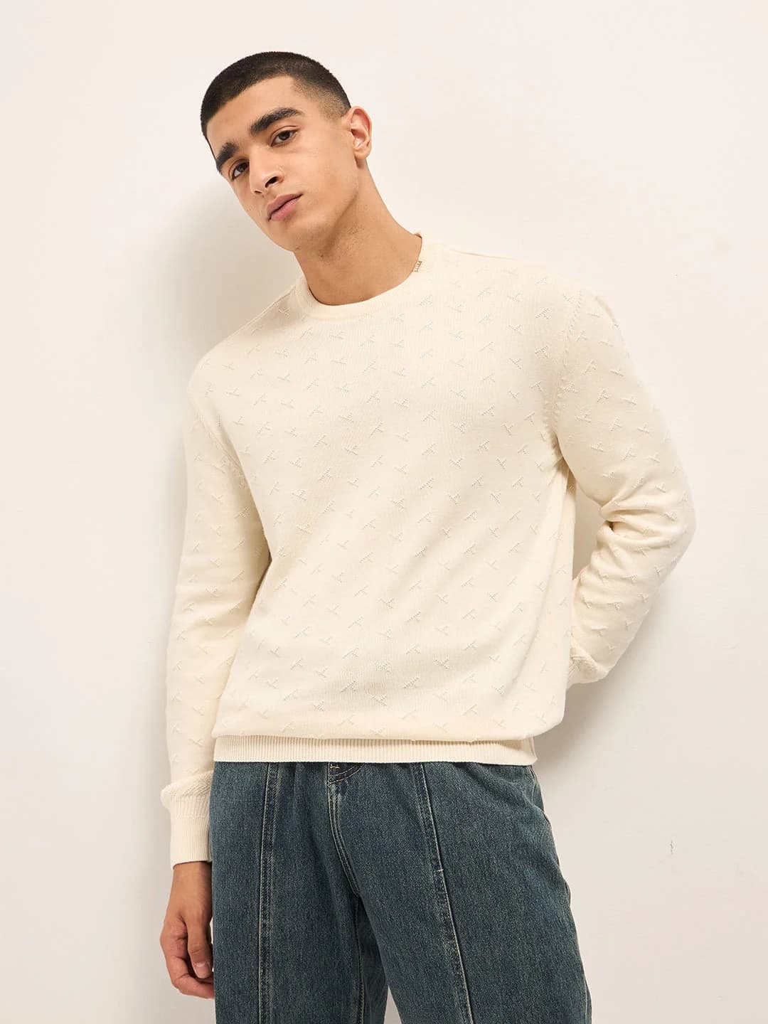 Men's White Casual Solid Regular Fit Sweater