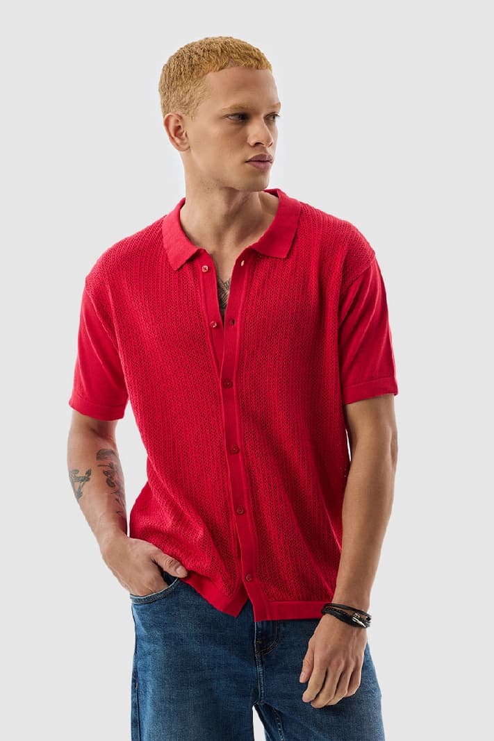 Men's Red Casual Textured Slim Fit Shirt