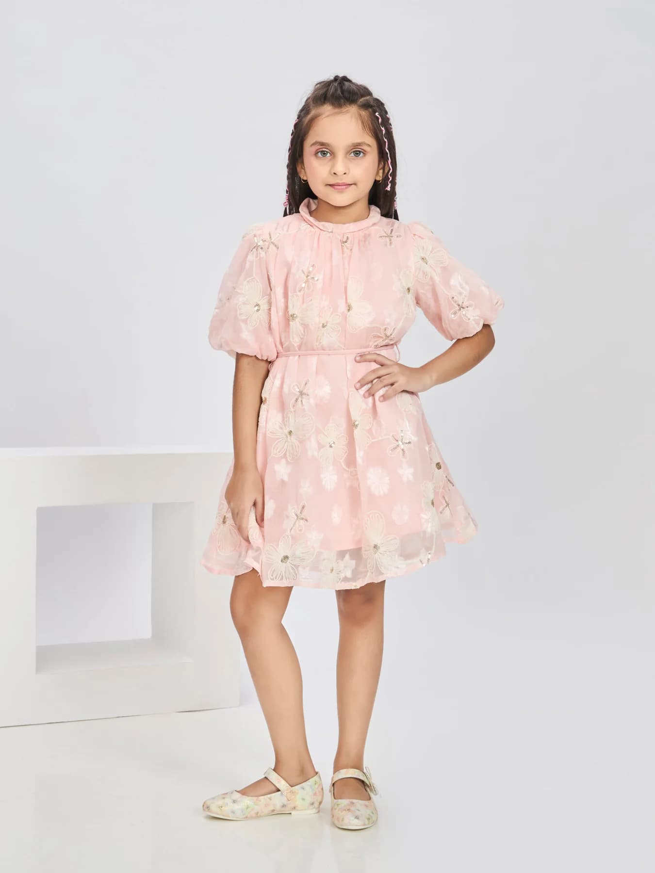 Girls Peach Party Wear Shirt Collar Dress with Belt