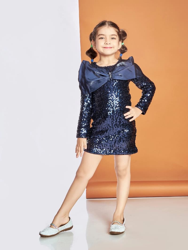 Girls Navy Blue Party Wear Round Neck Dress