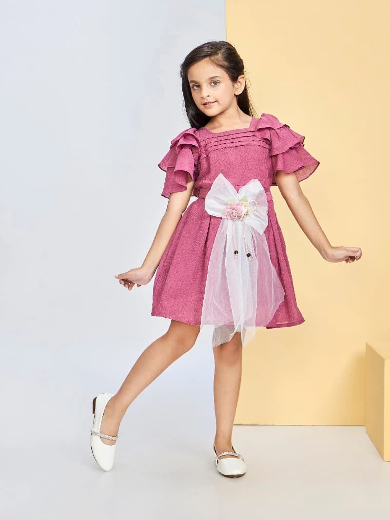 Girls Pink Party Wear Square Neck Fit & Flared Dress with Belt
