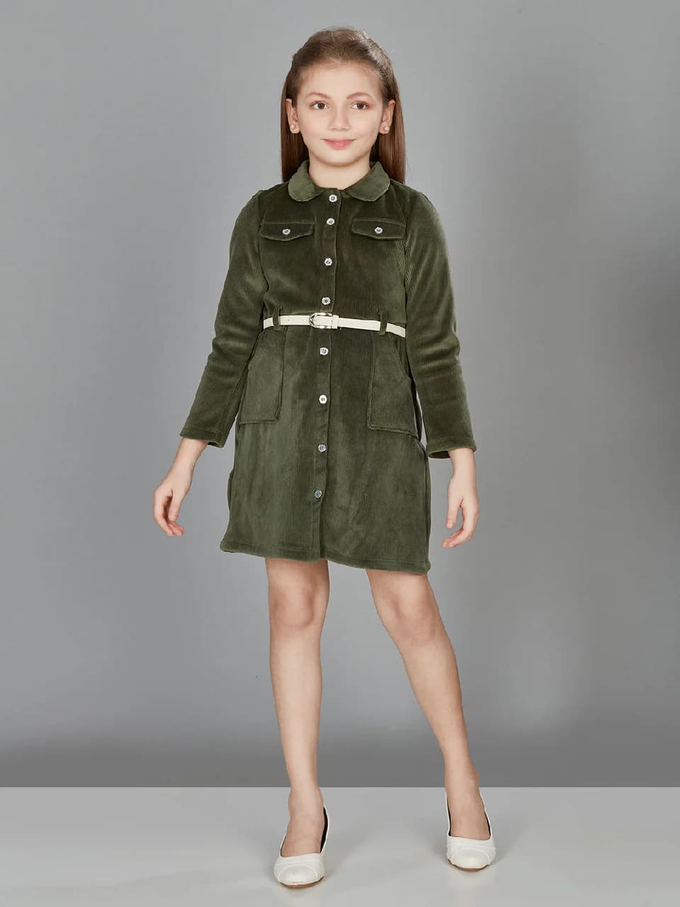 Girls Olive Green Casual Wear Dress with Belt
