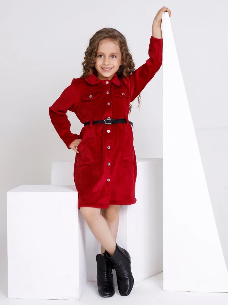 Girls Maroon Casual Wear Dress with Belt