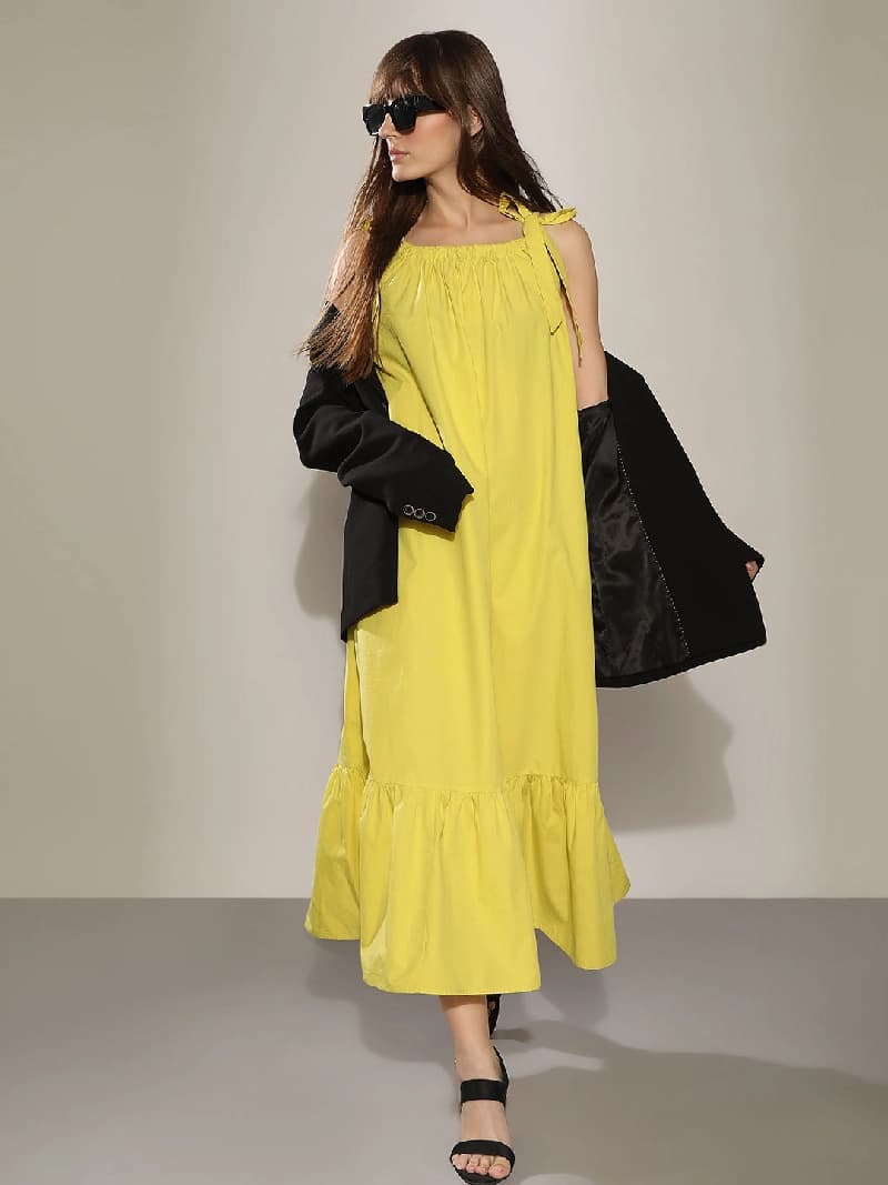 Women's Yellow Casual Solid Dress