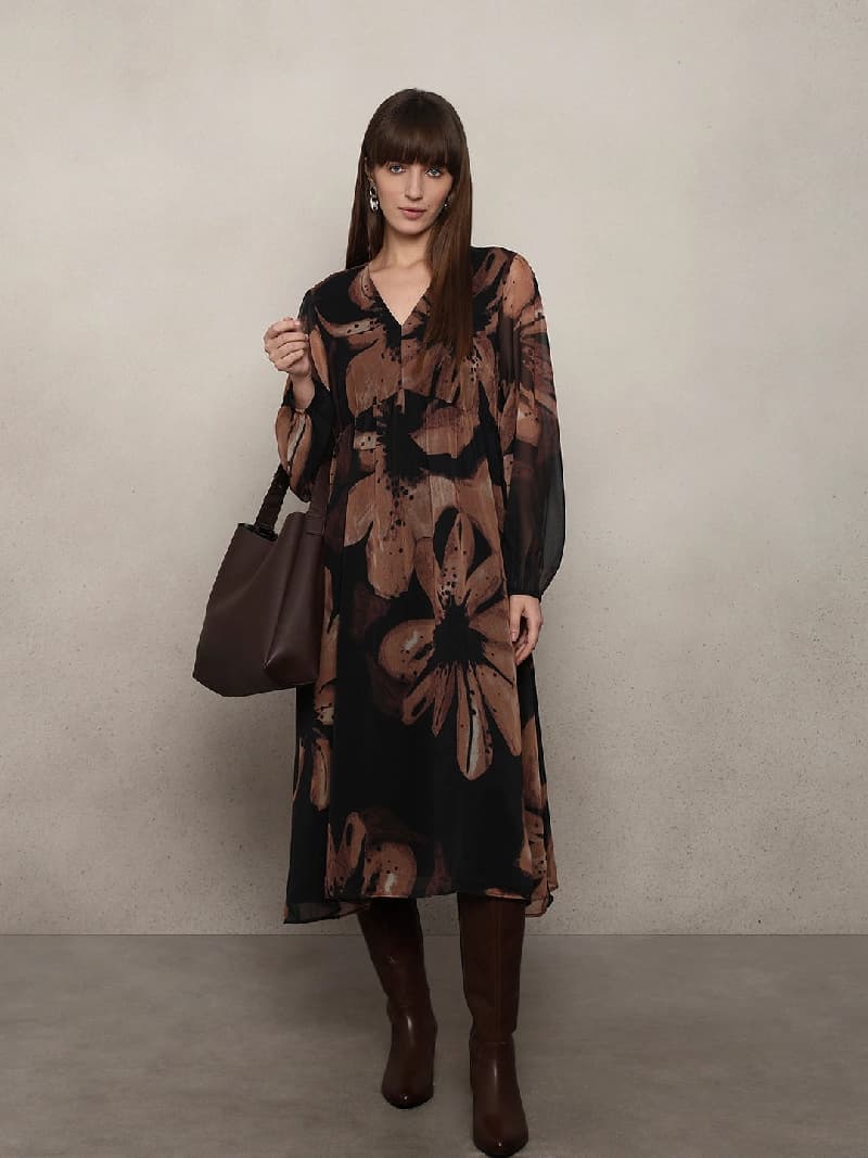 Women's Brown Party Printed Dress