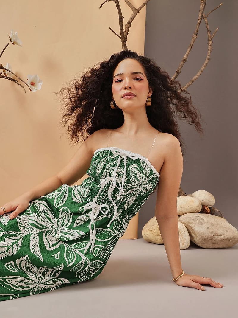 Women's Green Casual Floral Regular Fit Dress