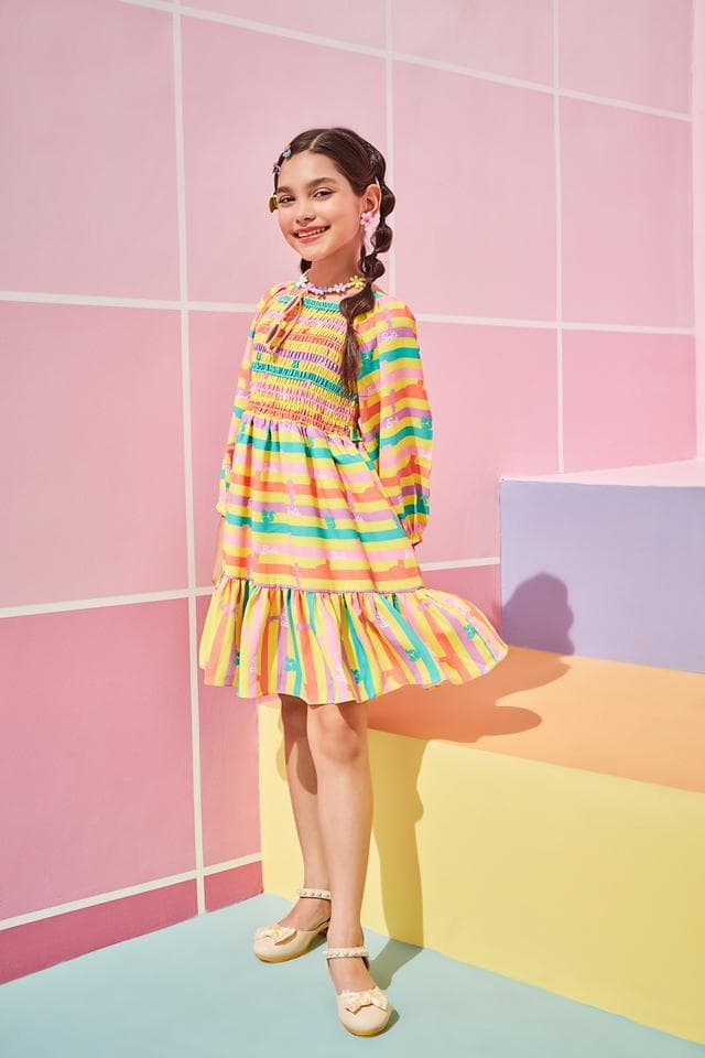 Girls Multicolor Casual Fit & Flared Full Sleeves Dress
