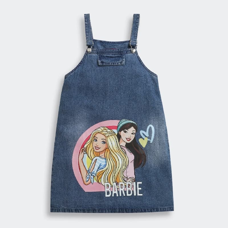 Girls Dark Blue Casual A-Line Sleeveless Graphic Printed Dungaree Dress