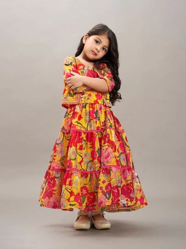 Girls Yellow & Red Digital Printed Gown Dress with Yellow Printed Jacket
