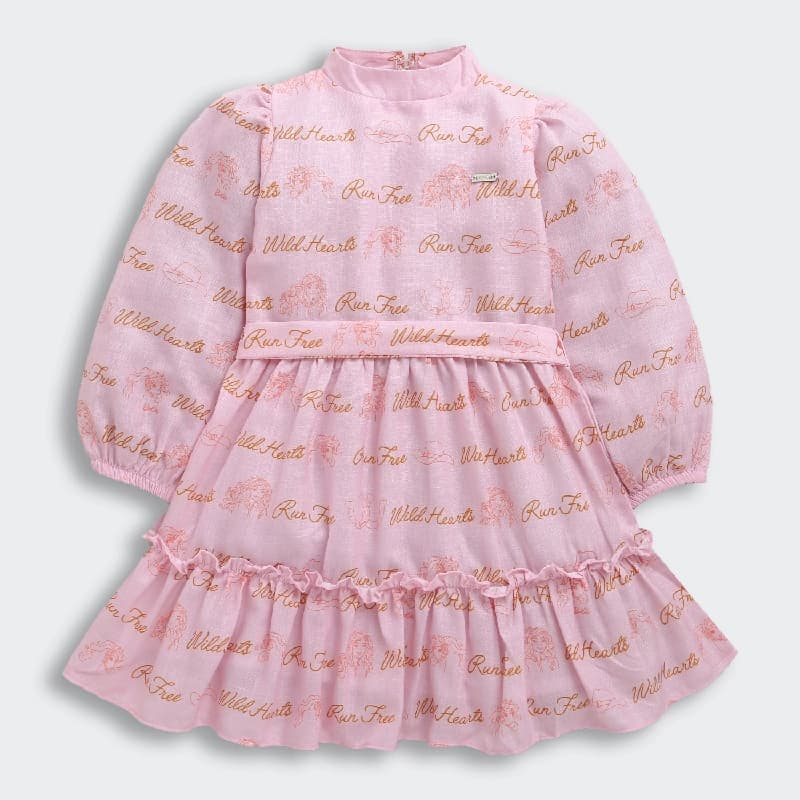 Girls Pink Casual Fit & Flared Full Sleeves Dress