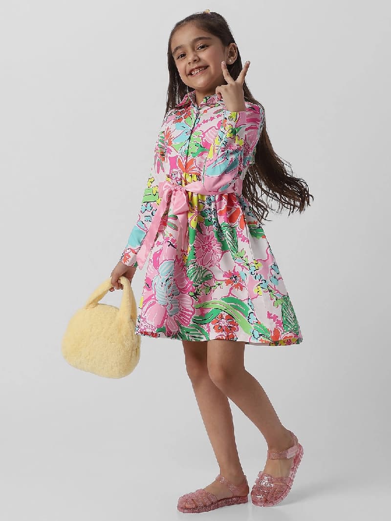 Girls Multicolor Casual Ribbon at Waist Shirt Dress