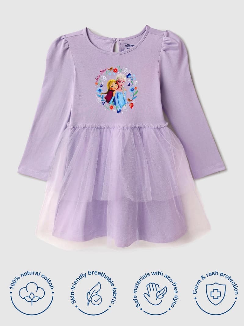 Girls Lavender Frozen Print Partywear Fit & Flared Dress