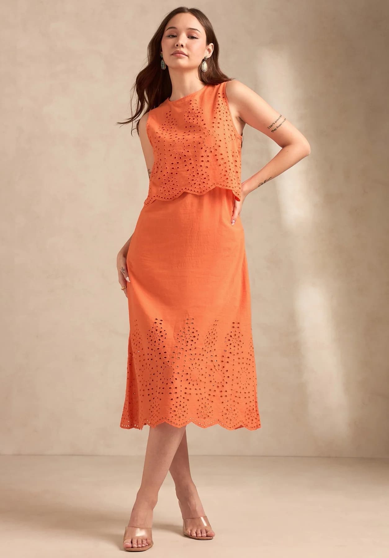 Women's Orange Casual Self-Design Regular Fit Dress