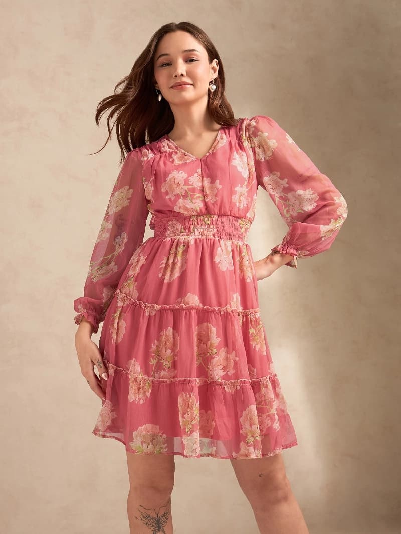 Women's Pink Formal Printed Regular Fit Dress