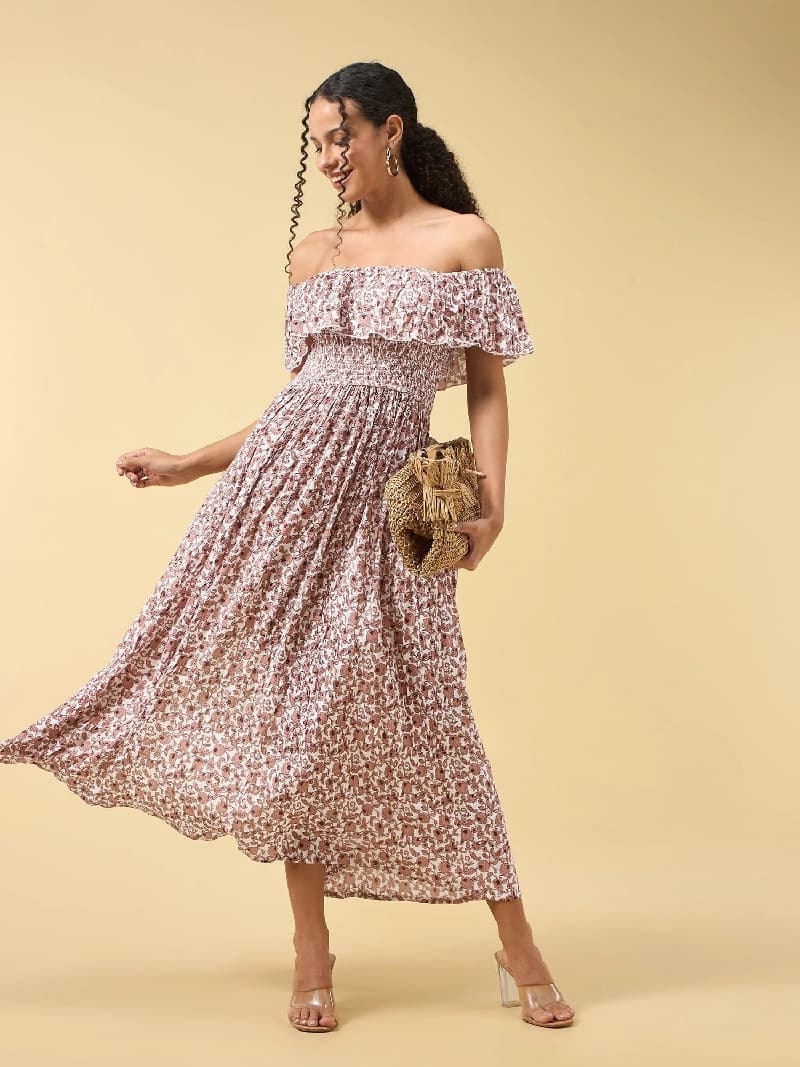 Women's Beige Casual Floral Regular Fit Dress