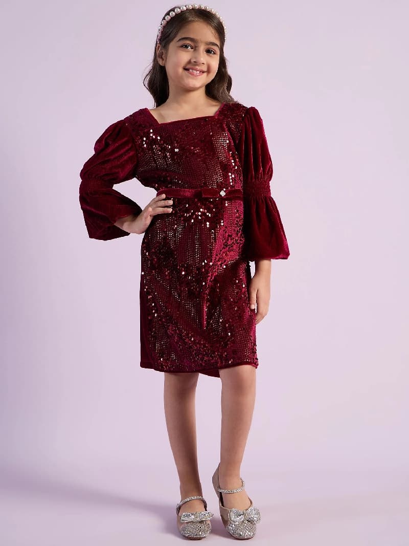 Girls Maroon Party Three Quarter Sleeves Dress with Leggings & Belt