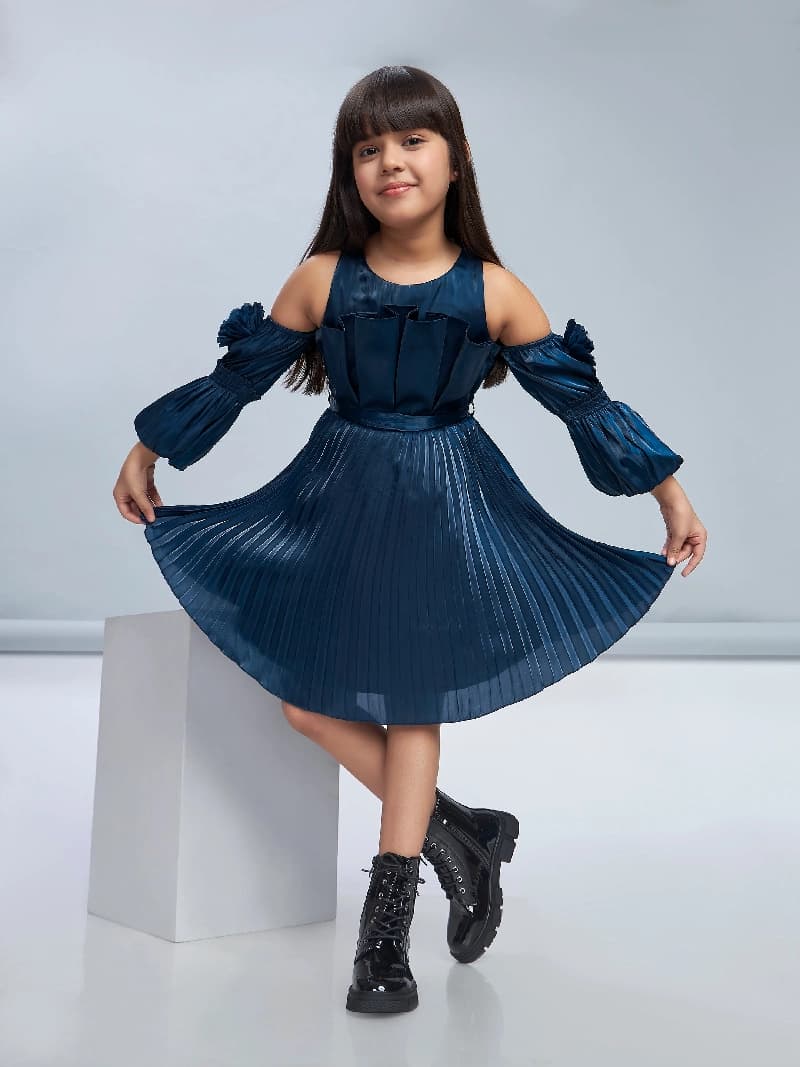 Girls Blue Party Full Sleeves Dress With Belt