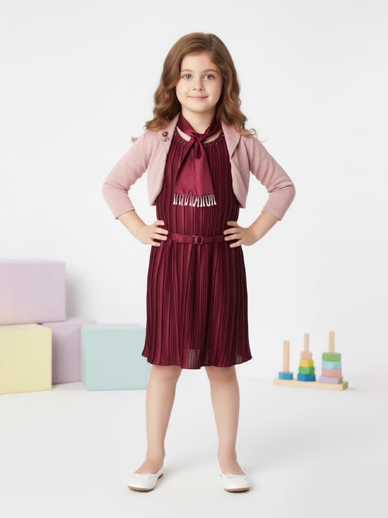 Girls Maroon Party Wear Dress Shrug Belt Scarf