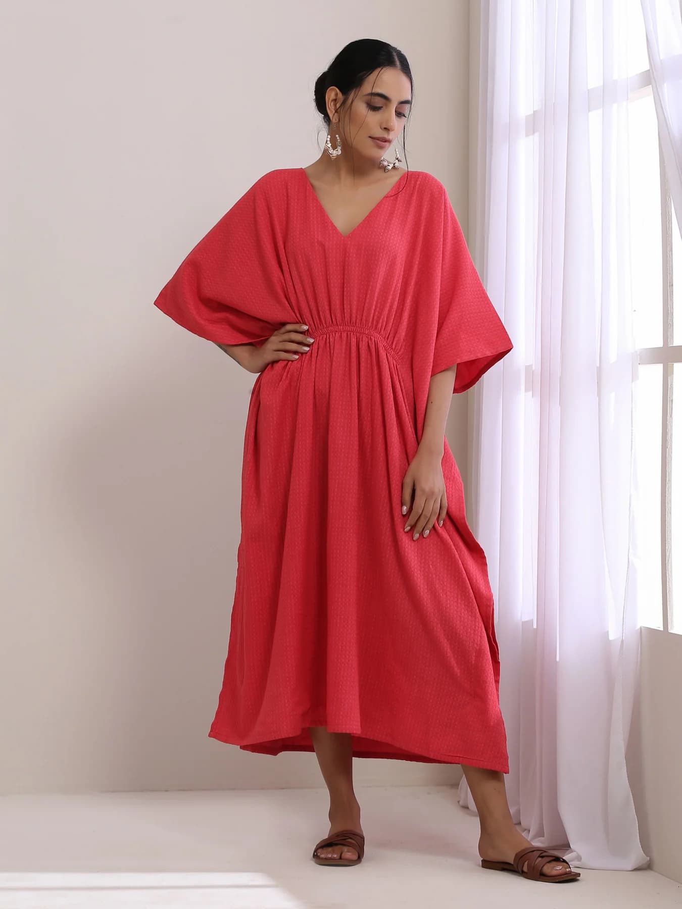 Women's Pink Casual Textured Regular Fit Dress