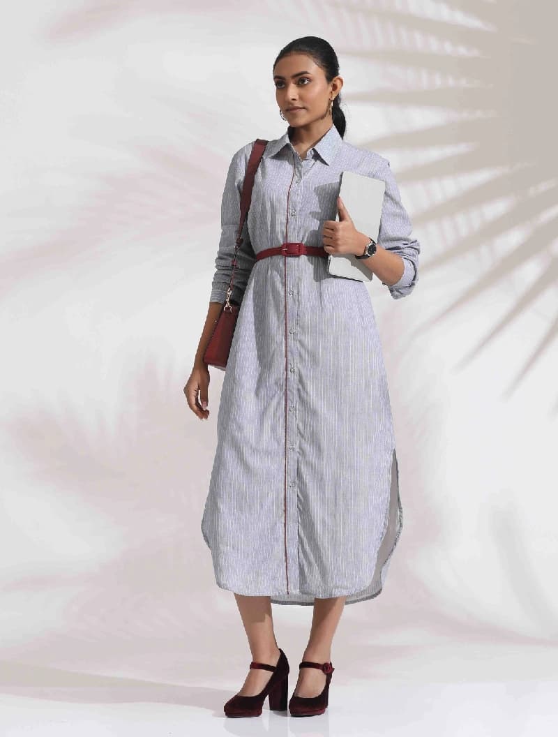 Women's Grey Formal Striped Regular Fit Dress