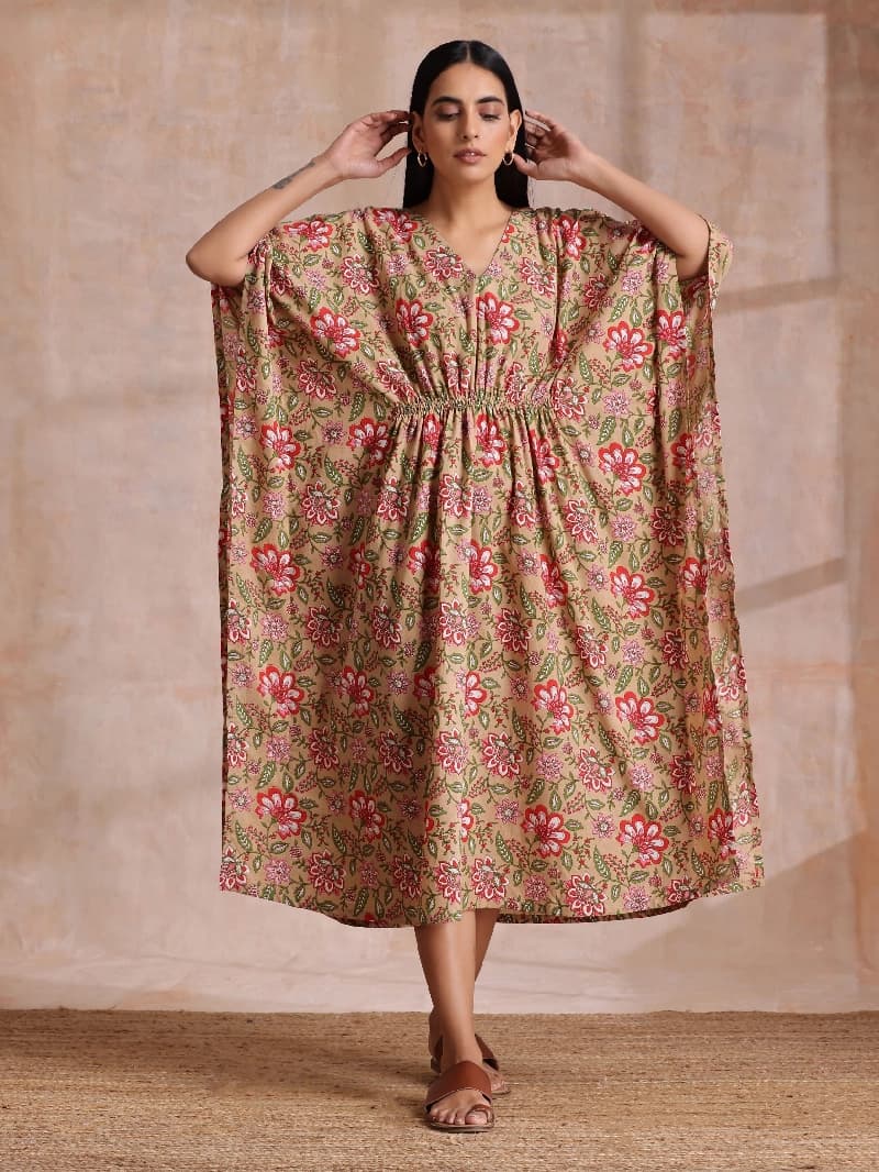 Women's Beige Casual Printed Oversized Fit Dress