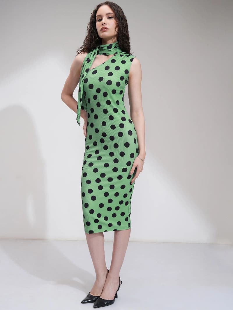 Women's Green Casual Polka Dot Regular Fit Dress