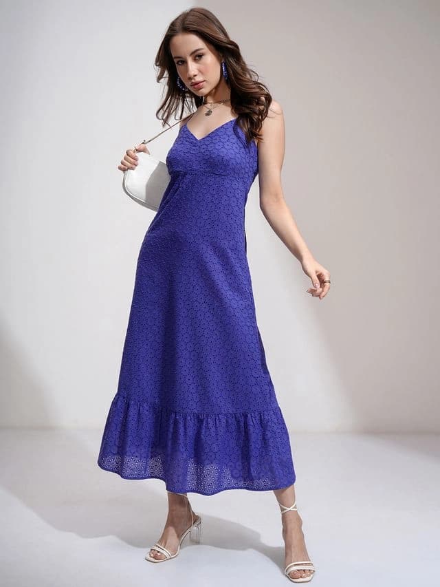 Women's Blue Casual Self-Design Regular Fit Dress
