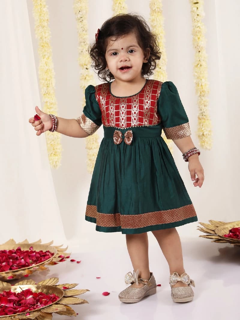 Girls Green And Maroon South Indian Style Ethnic Dress