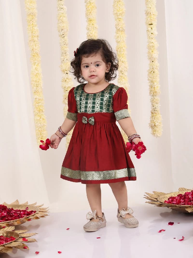 Girls Maroon And Green South Indian Style Ethnic Dress