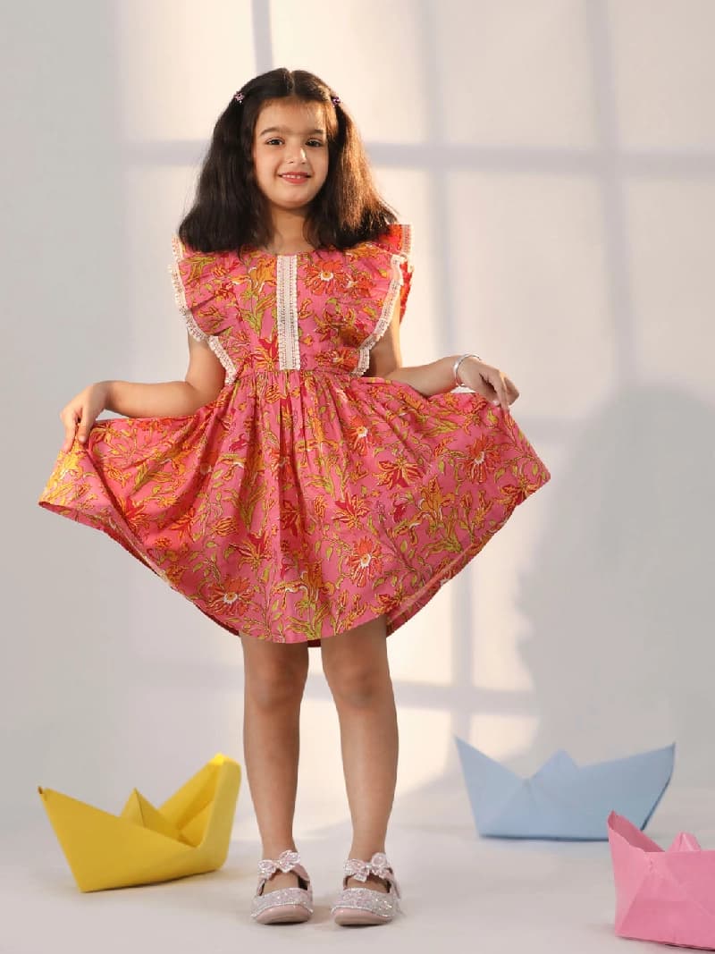 Girls Pink Cotton Floral Printed Flared Dress