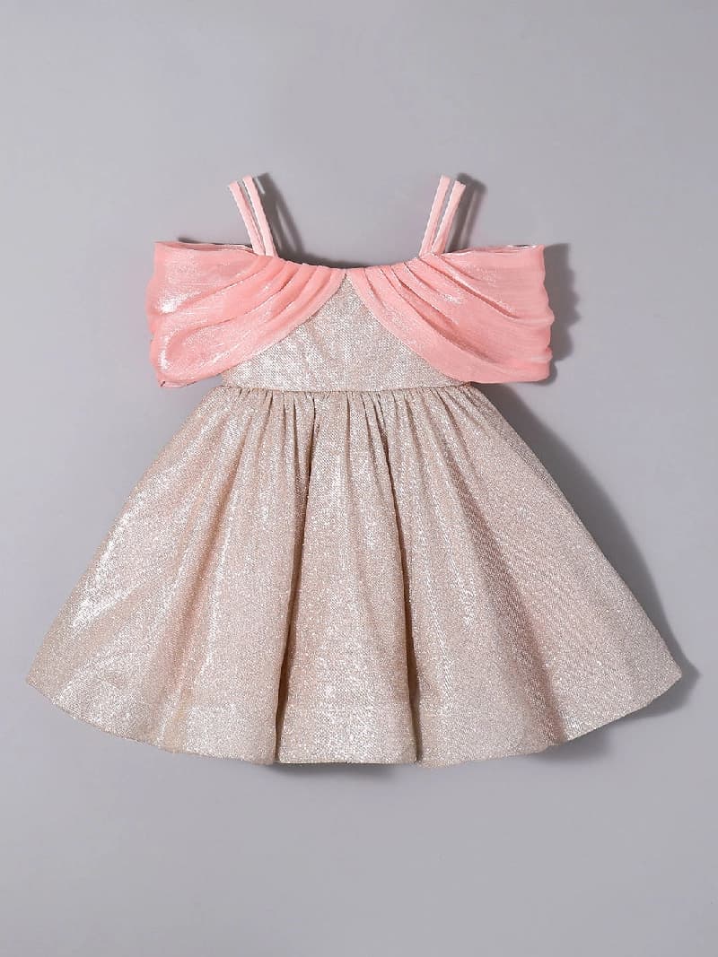 Girls Beige Bow-Wrapped Shimmer Shine Party Dress