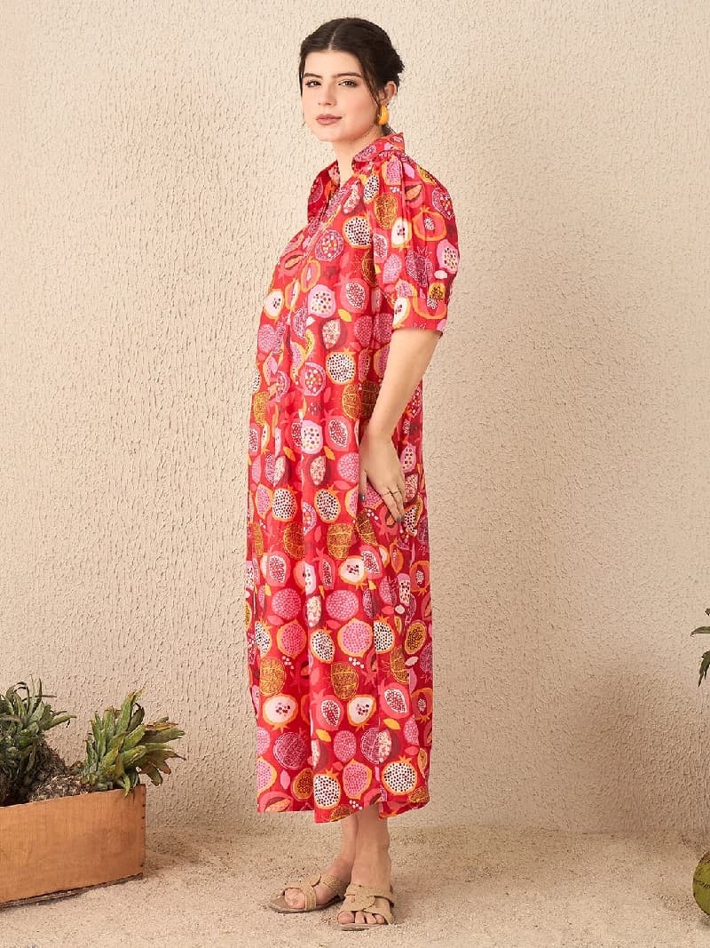 Women's Red Casual Printed Regular Fit Dress