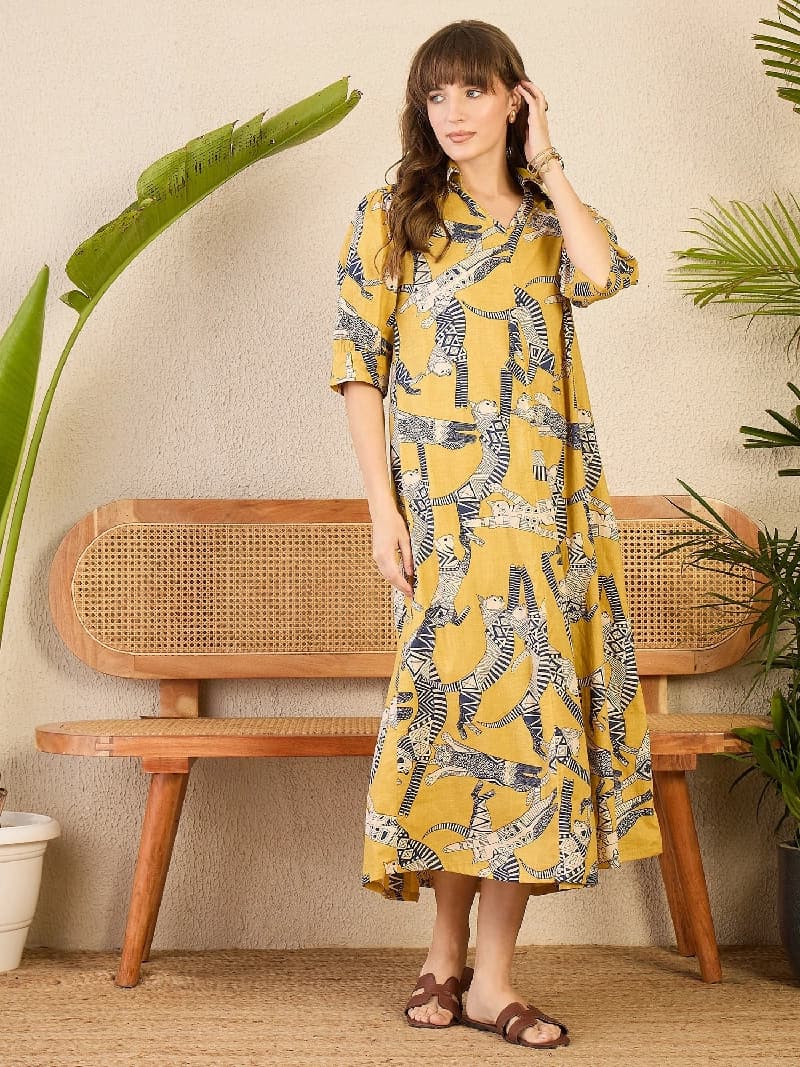 Women's Yellow Casual Printed Regular Fit Dress