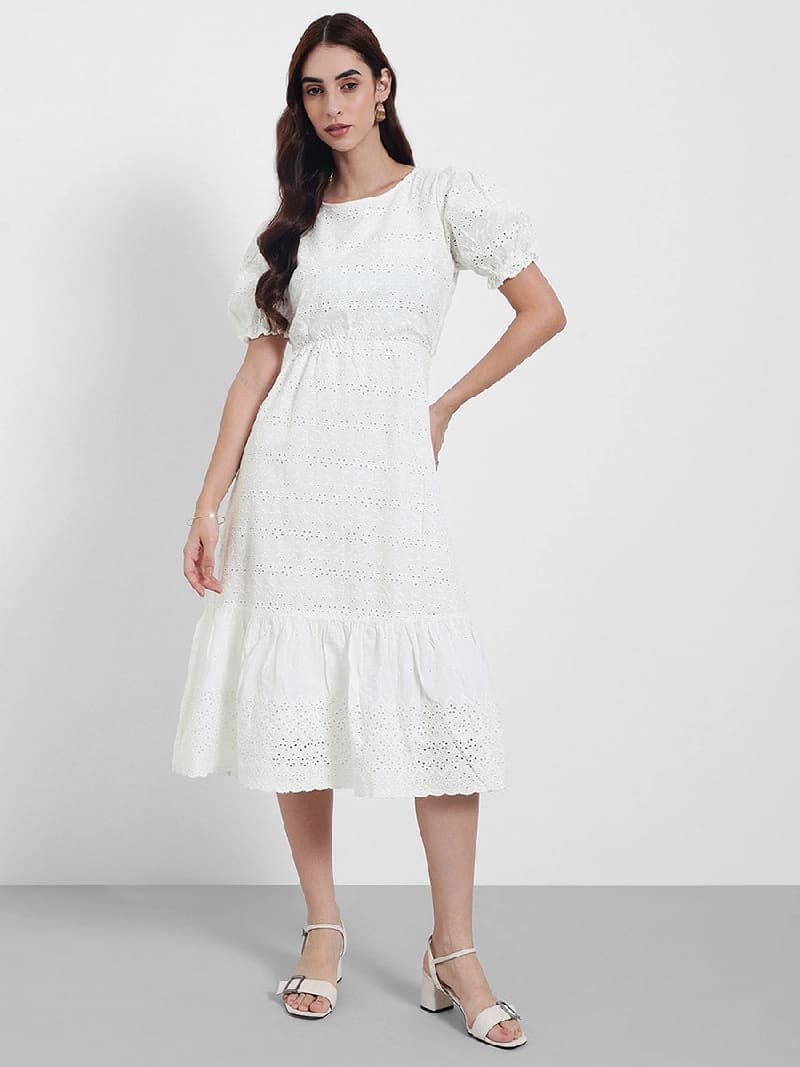 Women's White Casual A-Line Round Neck Half Sleeves Midi Dresses