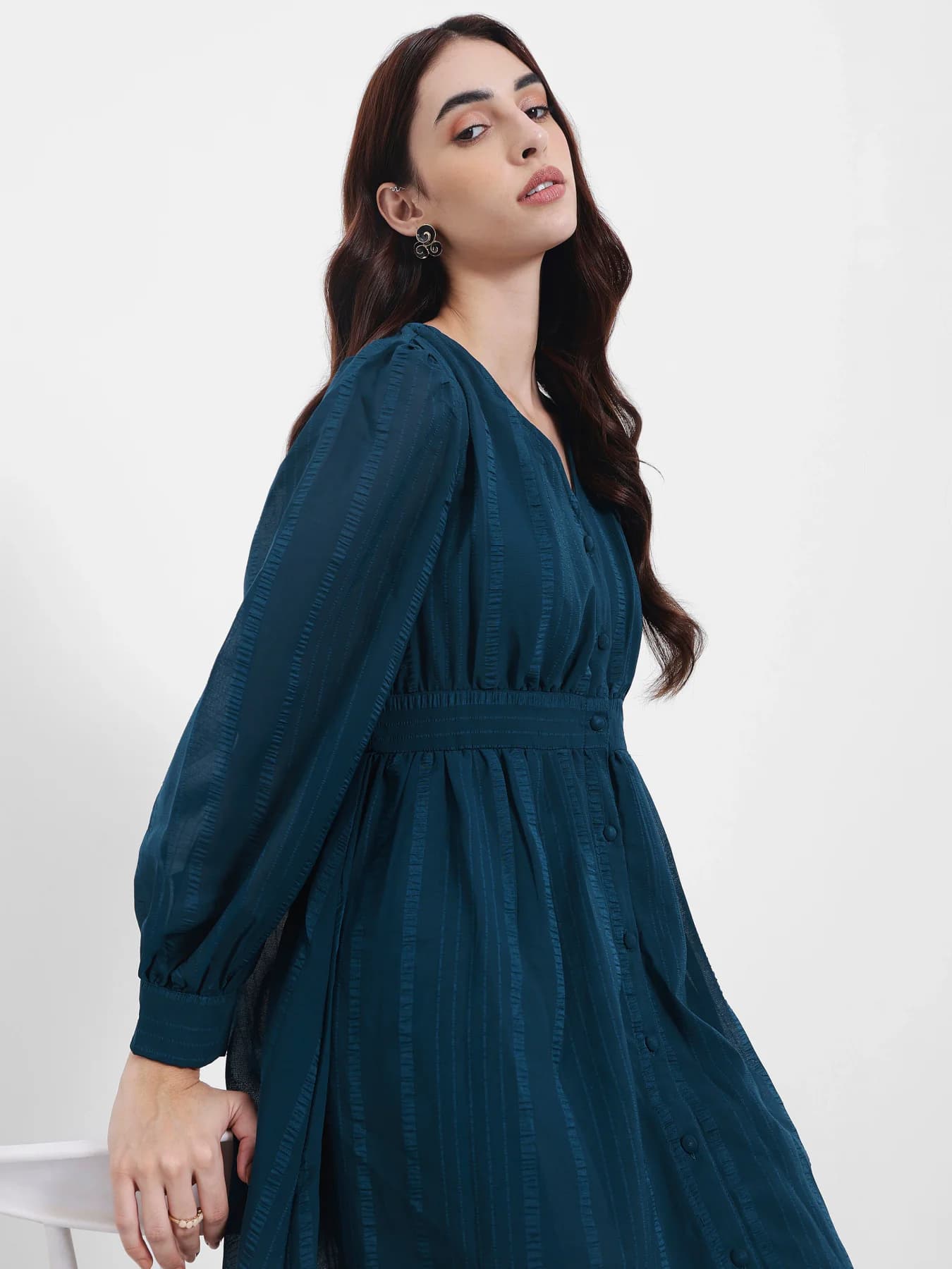 Women's Teal Volume Sleeve A-Line Maxi Dress