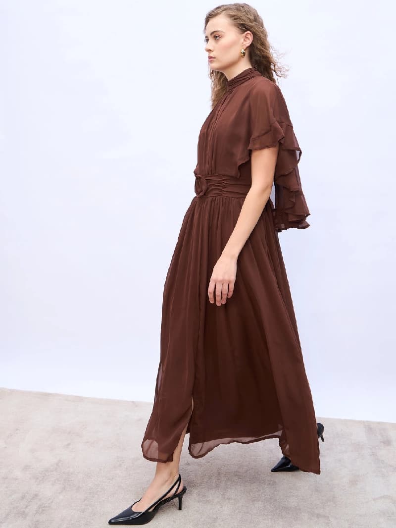 Women's Brown A-Line Maxi Dress With Corsage Detail At Waist