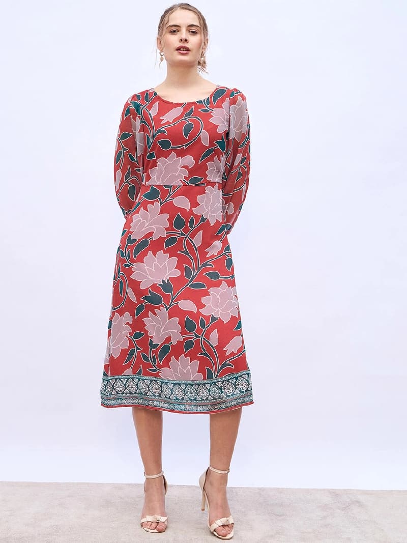 Women's Orange Long Sleeve Boat Neck Sheath Midi Dress