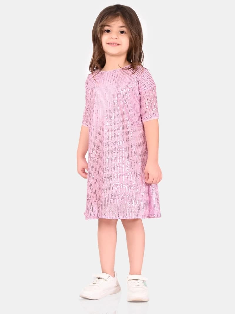 Girls Pink Casual Regular Fit Half Sleeves Dress