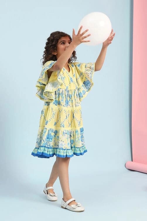 Girls Yellow Casual Regular Fit Printed Dress